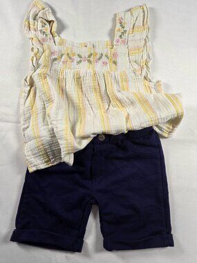 Btween Girls 2pc Summer Outfit Set Size 5 Embroidered Gauze Top Navy Blue Shorts